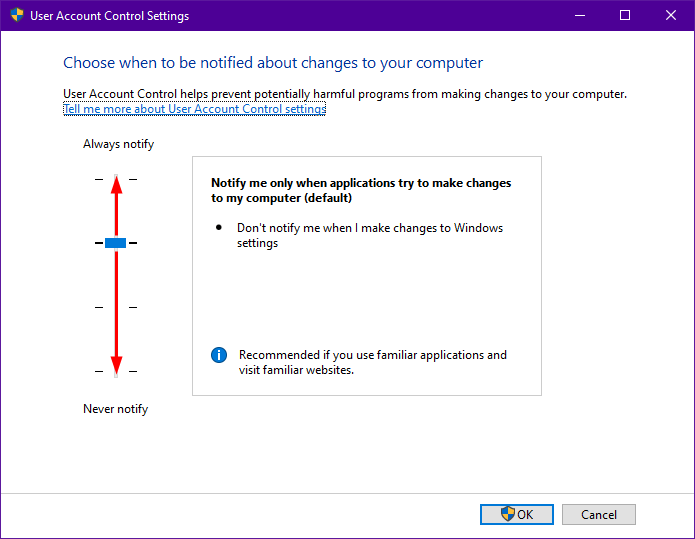 Windows User Account Control Settings window